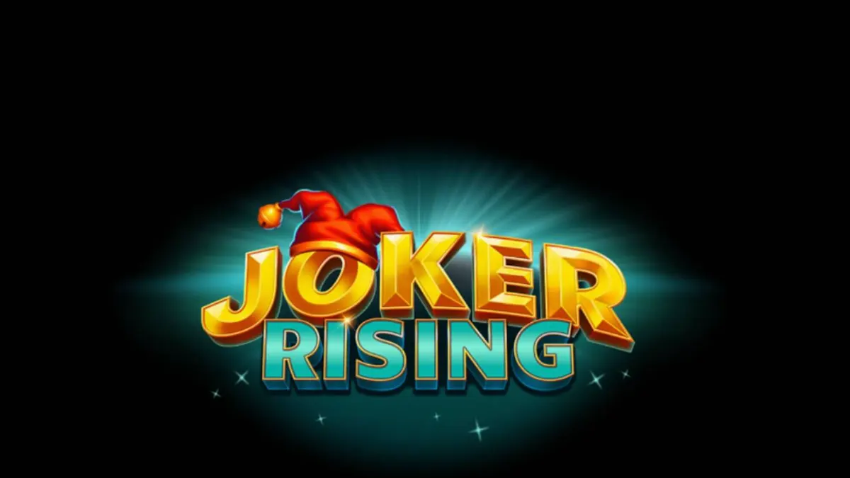 Tampilan visual slot Joker Rising dengan simbol buah neon dan latar belakang teal.