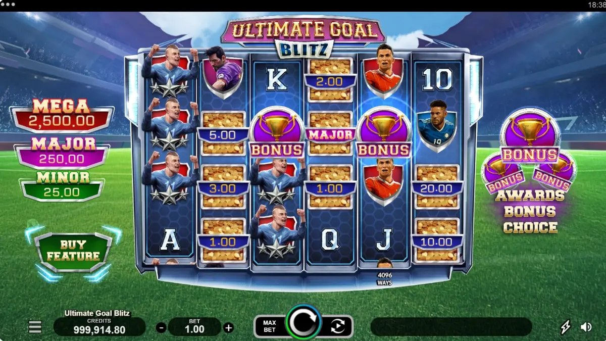 Tampilan visual lapangan sepak bola dalam slot Ultimate Goal Blitz