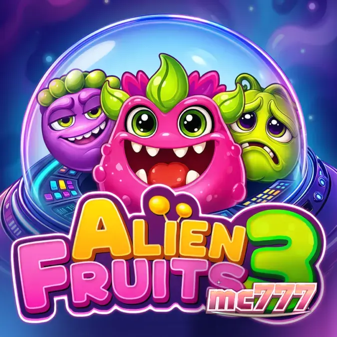 Tampilan grid 6x5 penuh warna pada slot Alien Fruits 3 dengan simbol buah alien.
